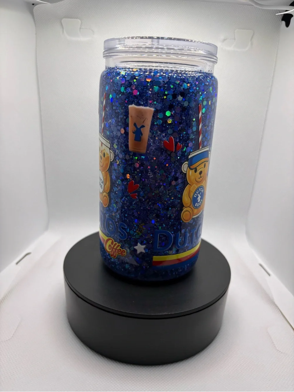 Dutch Bros Blue Glitter Coffee Tumbler with Bear Design